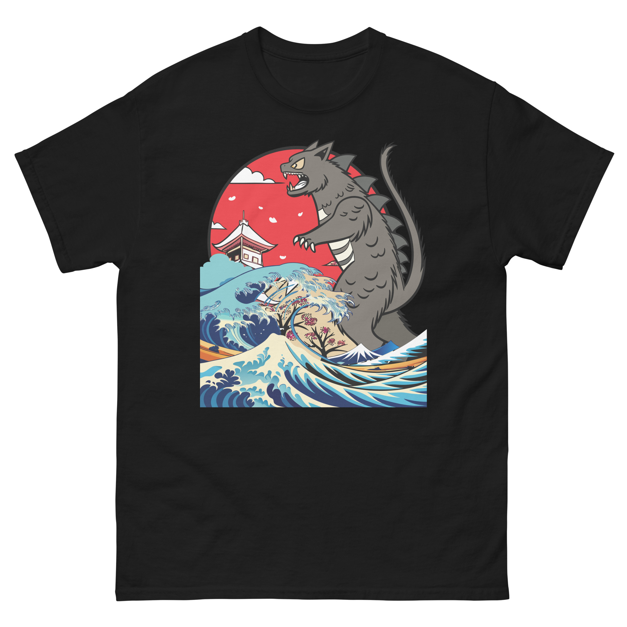 Catzilla Cat Japanese Sunset Art Funny Cat For Men Women Kid Unisex Tshirt - Image 1